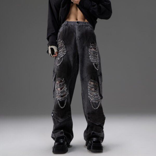 Retro Distressed Denim Jeans With Pearl And Metal Hardware Work Pants