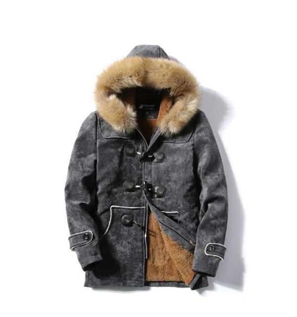 Furry Collar Horn Buckle Deer Velvet Leather Coat Men