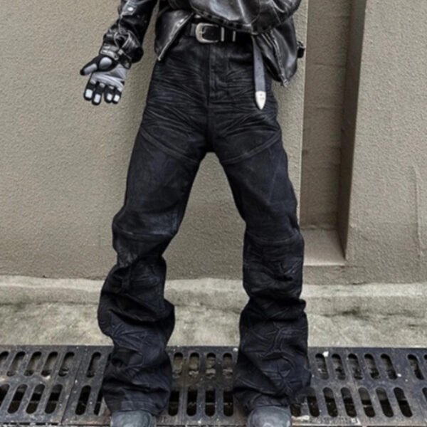 American-style Raw-edge Slim-fit Pleated Slightly Flared Denim Jeans