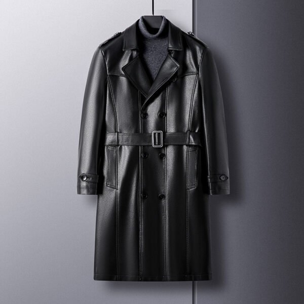 Men's Leather Jacket Double-breasted Extended Length With A Belt For A Cinched Waist